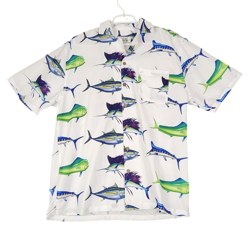 Uzzi Amphibious Gear Fish Print Hawaiian Shirt‎ Men's Medium Short Sleeve